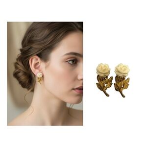 Sterling Vintage  Rose clip on earrings Elegant Cream and Gold Floral Earrings